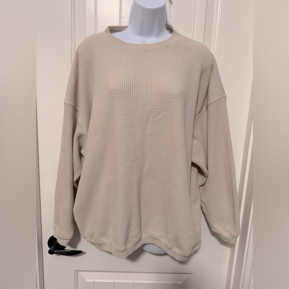 Aerie Cream Waffle Round Neckline Long Sleeve Oversized Pullover, Size XS